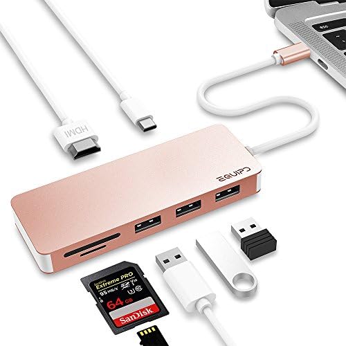 USB C Hub, EQUIPD 7 IN 1 Aluminum Type C Adapter with USB C Charging Port, 4K HDMI Output, 1 USB 3.0/2 USB 2.0 Ports, SD/microSD Card Reader for MacBook Pro 13" 15" 2015/2016/2017 and More - Rose Gold
