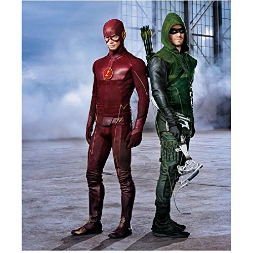 The Flash & Arrow 8 inch x 10 inch PHOTOGRAPH Grant Gustin in Red & Gold Costume Shoulder to Shoulder w/Stephen Amell Green Hood & Black Mask kn
