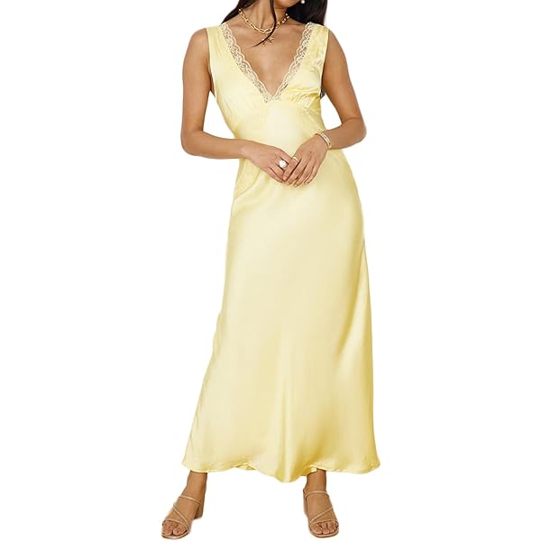 Amazon.com: Summer Satin Lace Backless Spaghetti Strap Maxi Dress for  Wedding Guest Silk Sleeveless V Neck Slit Ruffled Dress for Women Baby Pink  : Clothing, Shoes & Jewelry
