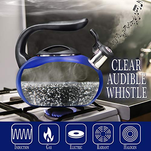 2.8 Quart Tea Kettle, Food Grade Tea Kettles Stovetop, Whistling Tea Pots for Stove Top, Anti-Rust Stainless Steel Water Kettle with Thumb Press Cover and Lid, 12 Cup Blue Tea Kettle Pot