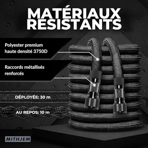 Mithjem 30m Expandable Garden Hose - 3750D Polyester, Adaptable Metal Fittings 1/2" and 3/4", Leak Proof - 10 Modes Gun, Lightweight, Storage Bag - Large Garden, Patio, Car
