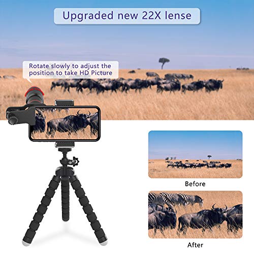 Phone Camera Lens Kit 9 in 1: 22X Telephoto Lens, 205° Fisheye Lens, 0.5X Wide Angle Lens & 25X Macro Lens, Compatible with iPhone 8 7 6 6s Plus X XS XR Samsung