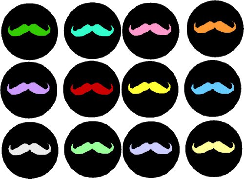 Set 12 Colorful Moustaches (black) 1.25" Pinback Buttons Pins Moustache