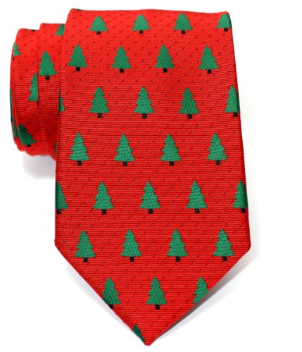 Retreez Red Christmas Woven Microfiber Men's Tie with Christmas Trees Pattern
