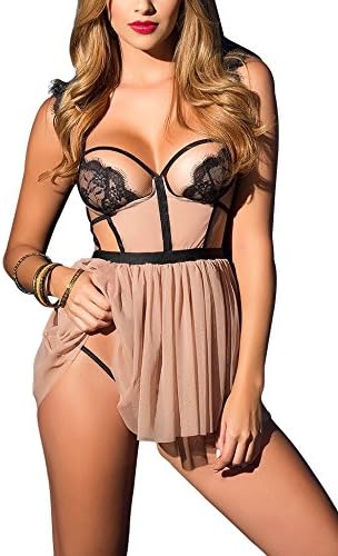 AdoreBaby Sexy Women's Lingerie Cupless Strappy Lace Chemises (XXL, Beige)