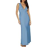 BAGONE Summer Satin Lace V Neck Backless Wedding Guest Maxi Dresses for Women Elegant Sleeveless Open Back Cocktail Dress