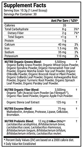 Nutrii - #1 Organic Super Greens + Probiotics + Digestive Enzymes, Turmeric and Ashwagandha Infused, Veggie Superfood, Antioxidant, Vegan Supplement, Amazing Lemon/Mint Flavor (10.89oz, 30 Serv)