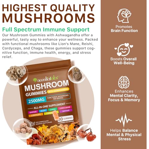 Mushroom Gummies, 80 Count Mushroom Supplement Gummies with Ashwagandha, Lion's Mane, Reishi & Chaga - All in One 2500mg Functional Mushrooms Support Immunity & Energy, Boost Vitality Overall Health