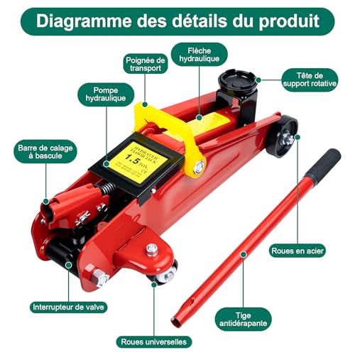 HYCHIKA 1.5 Ton Hydraulic Car Jack, Hydraulic Car Jack, Lifting Jack, with Quick Lift Pump with Hydraulic Piston, Lifting Range: 135-320 mm, for Cars, Tire Change