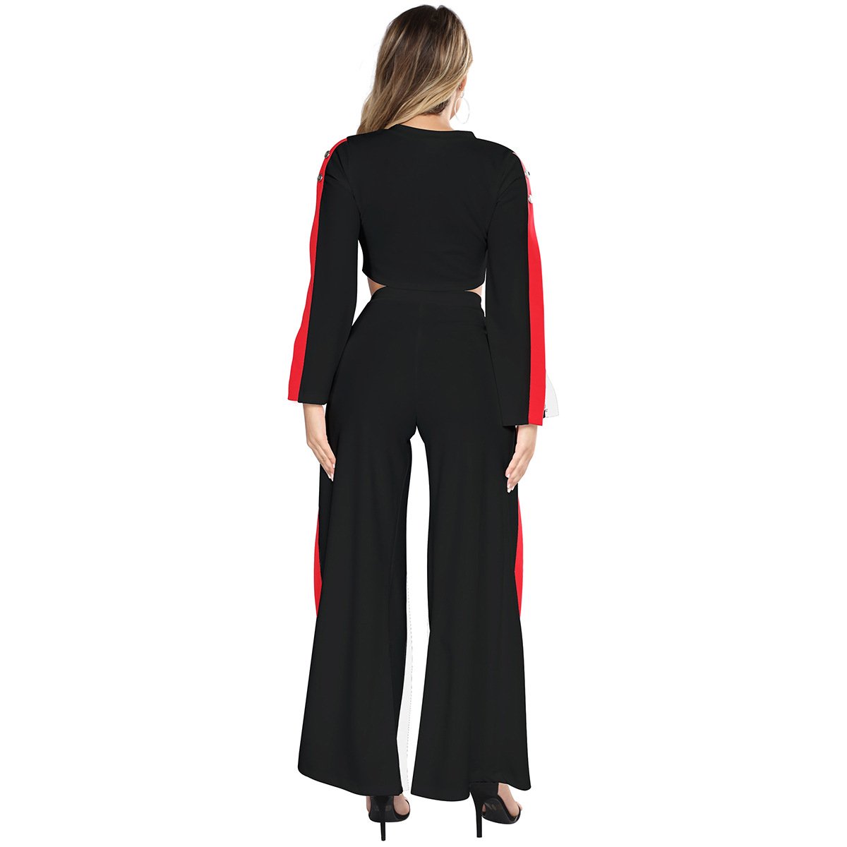 Women\'s Slit 2 Piece Long Sleeve Outfits Crop Top + Long Pants Wide Leg Jumpsuits X-Large Black