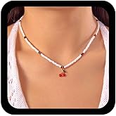 Allereyae Vintage White Seed Bead Choker Necklace Red Cherry Pendent Necklaces Fruit Cherry Necklaces Colorful Rice Beads Necklace Small Cherries Choker Summer Jewelry for Women