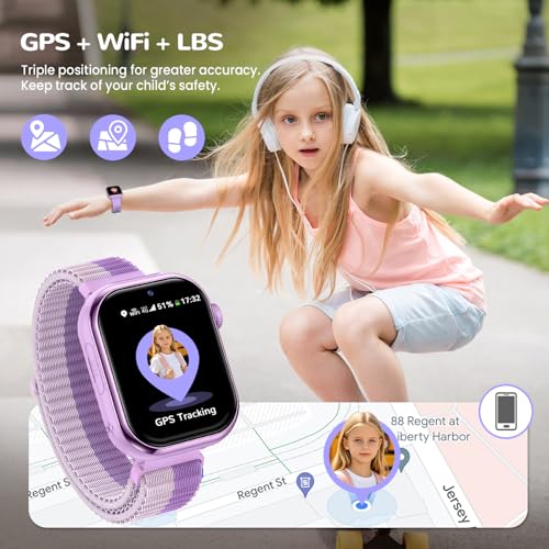 4G Children's Smartwatch GPS Watch with Video Calls, Voice Chat, School Mode, Dual Camera, Alarm, Pedometer, IP68 Calculator Smart Watch for Boys and Girls, Purple