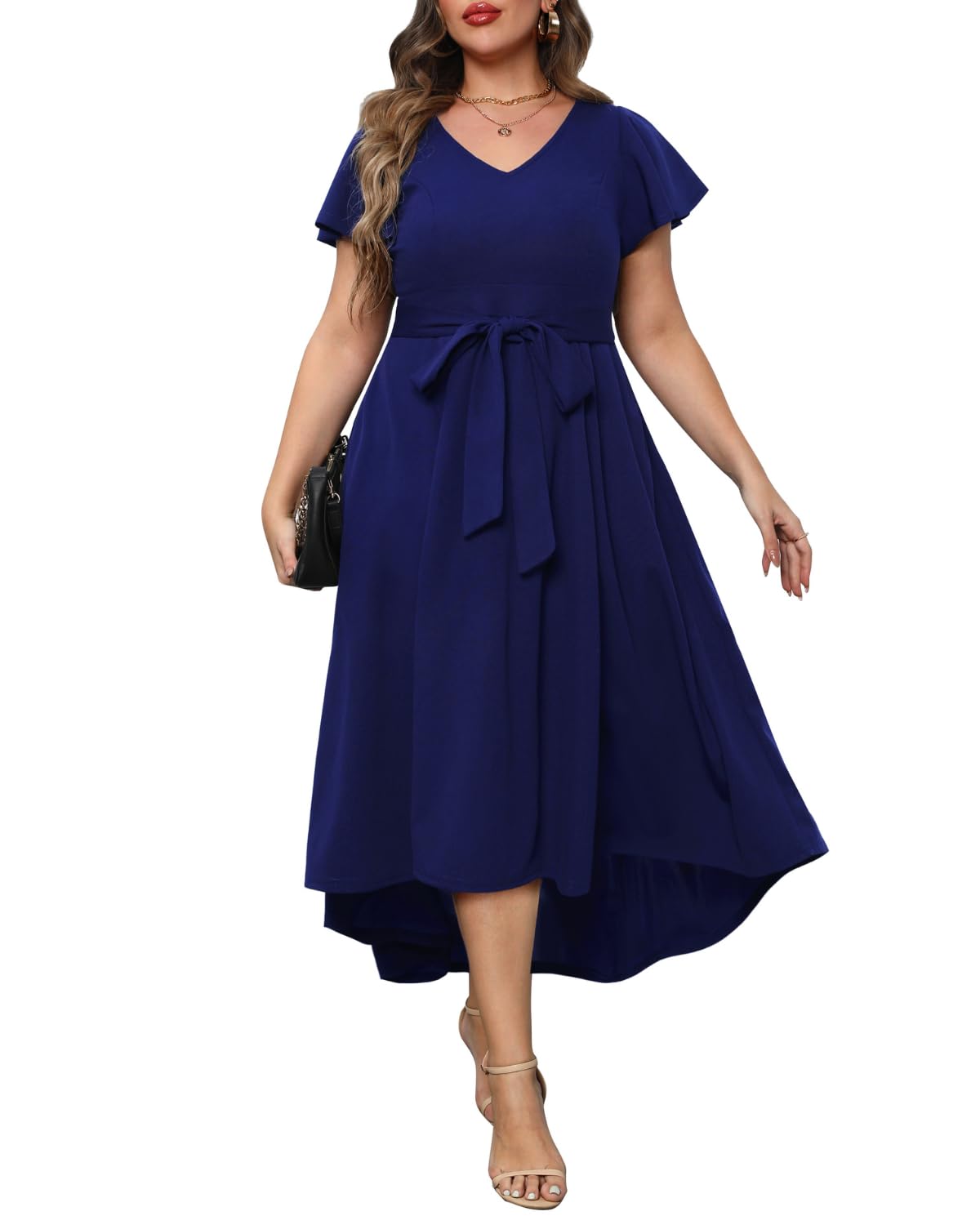 Photo 1 of Plus Size Wedding Guest Dress Navy Blue Semi Formal Party Maxi Long Elegant Flutter Sleeves Flowy Dresses with Pockets 18w