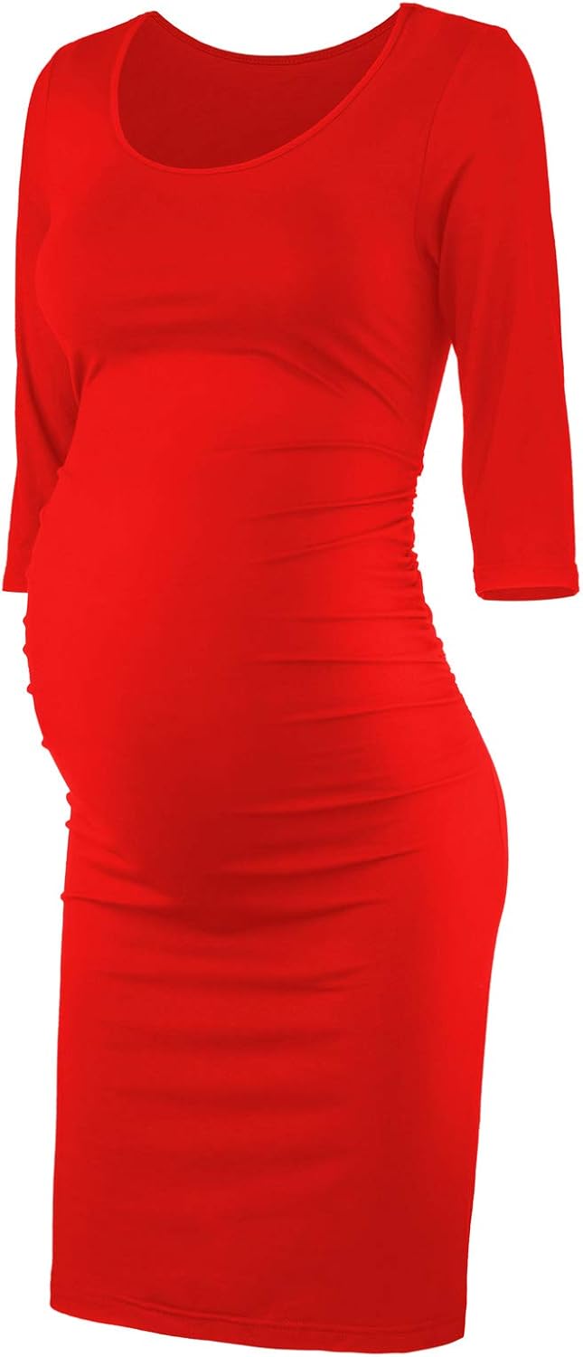 Peauty Daily Wear & Baby Shower, Maternity Bodycon Dress, Ruched Side Short and 3/4 Sleeve Dress at  Women’s Clothing store