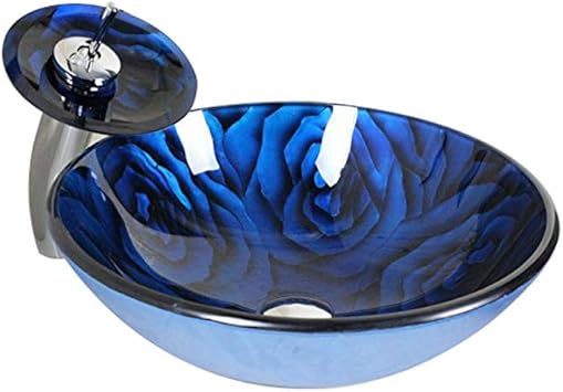Amazon Tophome 洗面台彩色上絵 手洗い器 洗面ボウルガラス 蛇口セット 強化ガラス製 手洗器 洗面ボール 手洗い器おしゃれ 排水金具付 蛇口付き ブルーローズ柄 洗面ボール 洗面器