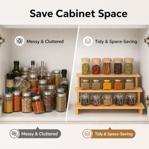 Keqin 3 Tier Bamboo Spice Rack Organizer for Cabinet, Spice Organization and Storage, Seasoning Organizer, Kitchen Cabinet Organizer, 40x21x14cm