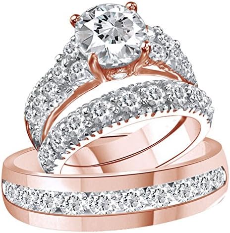 Silvernshine Jewels 3.75 Ct Diamond 14k Rose Gold Fn Trio Engagement Wedding Ring Set for His & Her Plated