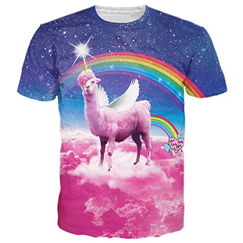 RAISEVERN Unisex Rainbow Llamacorn Printed Hip Hop Style T-Shirts Llamacorn Medium