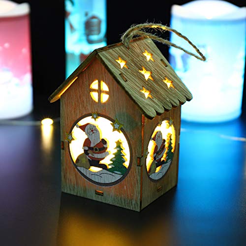 LED Light Wooden Dolls House Villa Christmas Ornaments Xmas Tree Hanging Decor (A)