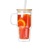 Greefun Double Wall Glass Tumbler with Handle and Straw Lid, 20oz Insulated Travel Mug Cup for Hot and Cold Drinks, Clear Glass Drinking Tumbler Cupholder Friendly