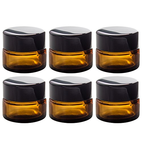 Amber Glass 5 ml 1/6 oz Small Thick Wall Balm Jars with Black Smooth Lids (6 pack)