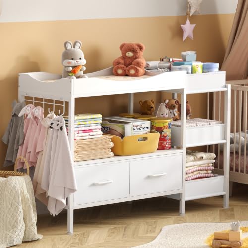 Baby Changing Table with Storage,Heavy-Duty Diaper Changing Station, White Nursery Dresser Organizer