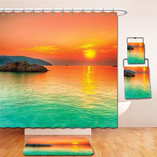 LiczHome Bath Suit: Showercurtain Bathrug Bathtowel Handtowel Nature Decor Collection Sunset over the Sea Con Dao Vietnam Golden Sunlights Colorful Sky Reflection on Water Picture Tapestry Teal Peac