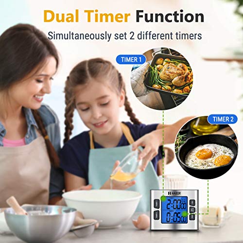 Habor Kitchen Timer for Coooking, Digital Dual Cooking Timer with Calendar Clock, 4-Level Adjustable Alarm Volume, Larger Backlit Display, Stronger Magnets, Count-up & Countdown for Cooking Study Exer