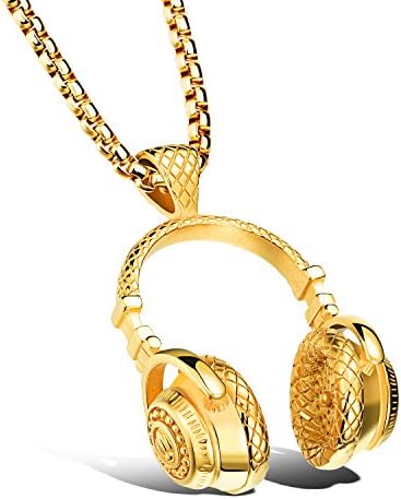 Rocked Headphones Necklace in Stainless Steel Gift for Music Lovers DJ Jewelry - Silver, Gold, Black (Gold)