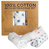 100% Cotton Muslin Swaddle Blankets with Cute Star Designs - Luxurious Soft, Light, Breathable & Versatile- Perfect for Swaddling, Nursing Cover, or Receiving Blanket for Your Newborn Baby- Set of 3