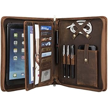 Vintage Crazy-Horse Leather Portfolio for iPad Mini, Handmade Padfolio with A5 Size Notepad Holder, Business Carrying Case for Women
