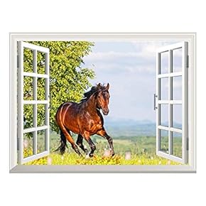 Removable Wall Sticker/Wall Mural - Brown Horse Running on The Meadow | Creative Window View Wall Decor - 24" x 32"