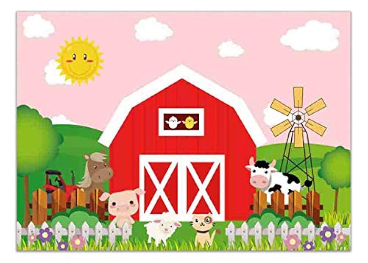 Allenjoy 7x5ft Cartoon Farm Animals Backdrop Red Barn Barnyard