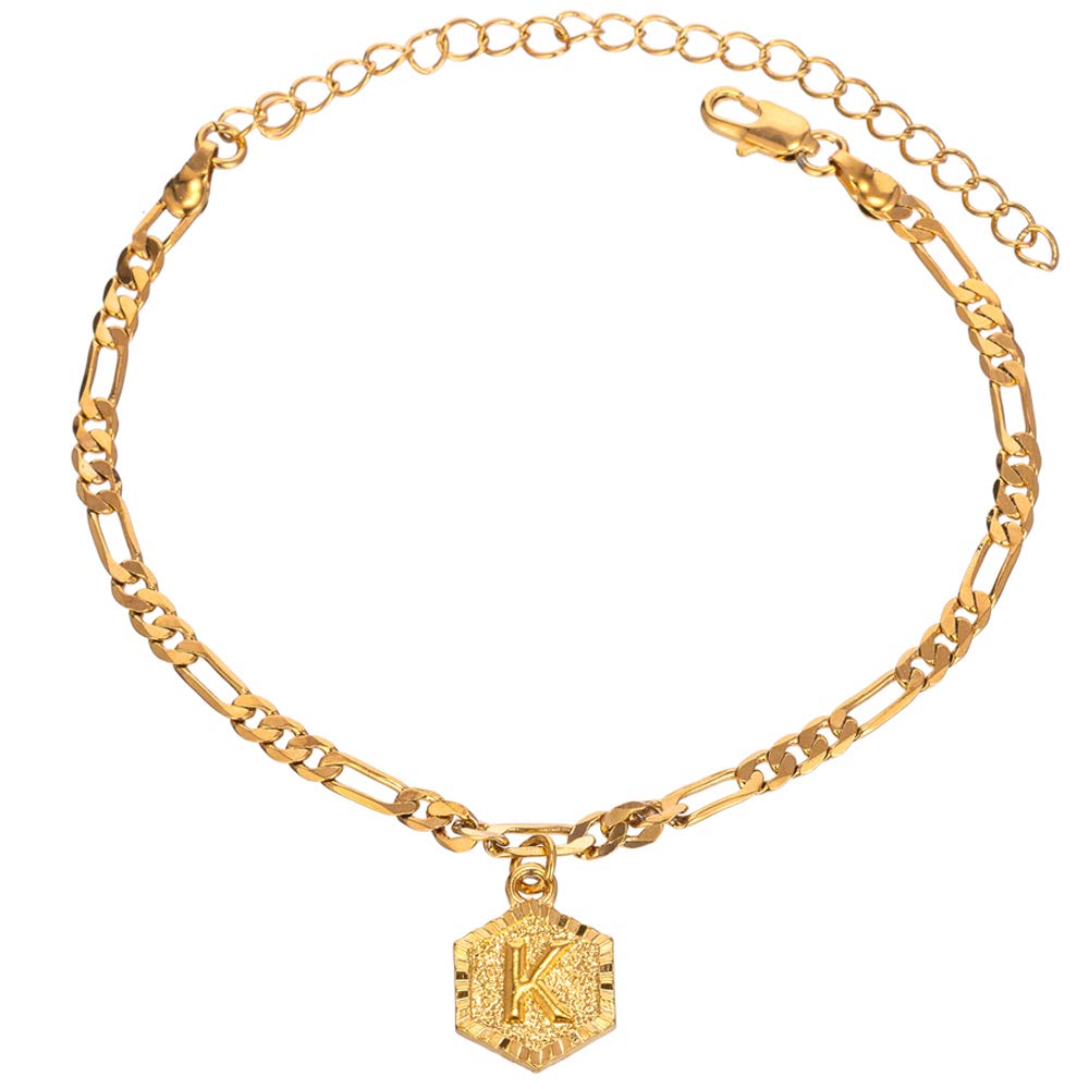 kelistom Gold Initial Anklet for Women Men, 18K Gold Plated Figaro Chain Link Ankle Bracelets for Women Foot Jewelry