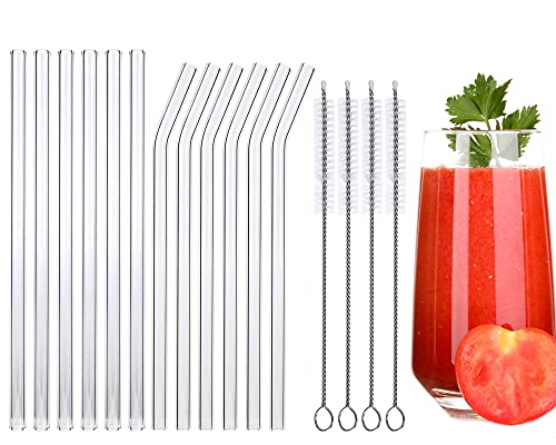 Glas Strohhalms Wiederverwendbar Set,6 Lange Geraden Strohhalm Glas,6 Gebogenem Glas Trinkhalm mit 4 Reinigungsbürsten…