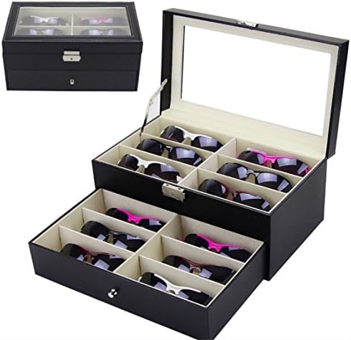 MAGIKON 12 Grids PU Leather Double-Layer Eyeglasses Sunglasses Oversized Glasses Organizer , Jewelry Display Case , Eyewear Storage Box (Double-layer 12 Grids, Black)