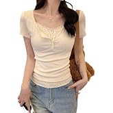 Women Lace Trim Y2K Cute Tshirt Coquette Floral Summer Ribbed Knit Crop Top Fairycore Baby Tees Cottagecore 90s Shirt