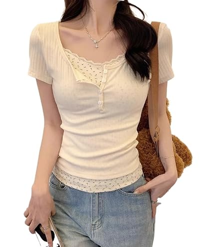 Y2K Floral Lace Trim Short Sleeve Shirts Coquette Scoop Neck Slim