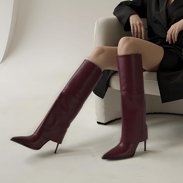 KARONAIRY WOMEN’S KNEE HIGH BOOTS, FOLD OVER TALL HIGH HEEL BOOTS STILETTO POINTED TOE FASHION DRESS BOOTS FOR FALL WINTER BURGUNDY