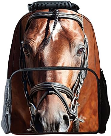 Eimyt Cool 3D Animal Planar Print Pattern Polyester Fabric Book Bag With Side Net Bottle Pouch For Unisex Student Kid Backpack Horse 30L