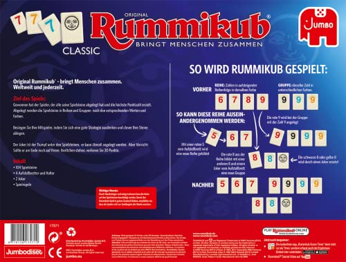 Jumbo Spiele Original Rummikub Classic - der Spieleklassiker unter den Gesellschaftsspielen - für Erwachsene und Kinder ab 7 Jahren JUM17571 Mehrfarbig 2,7 x 3,7 cm 3