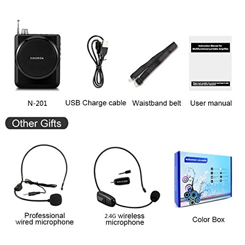 XIAOKOA 2.4G 40m Stable Wireless Voice Amplifier with Headset and Handheld 2 in 1 Wireless Microphone (N202black-2.4G)