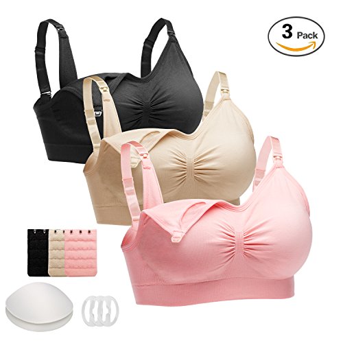 Fiery Youth Nursing Bra Maternity Bra in One-hand Access, Seamless Nursing Bra Breastfeeding Bra with Remove Bra Pads Extenders Clips (L/(36BCD/38AB))