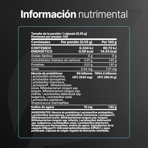 B Life Probióticos 80 Billones con 11 Cepas Potenciadas con Inulina de Agave | 140 Cápsulas Veganas de Liberación Retardada para mas de 4 Meses
