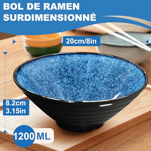 8 Inch Set of 4 Large Ceramic Ramen Bowls (16 Pieces), Japanese Dishwasher-Compatible Tableware with Fork Chopsticks and Spoon Soup Bowl Salad Gifts for Men Women