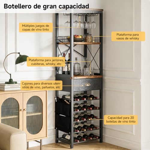 TENGTU Porta Botellas De Vino De 5 Capas para Botellas De Vino Y Licor, Rack De Almacenamiento con CajóN Y Portavasos, Medidas 30×40×148cm, FáCil De Montar para Cantina Bar Mueble para Casa