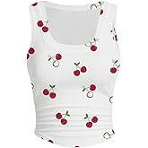 WDIRARA Women's Cherry Print Curve Hem Tank Top Sleeveless Scoop Neck Rib Knit Shirts