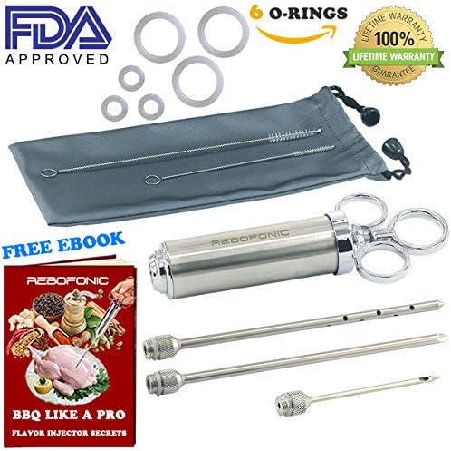 [FDA Approved] BBQ Injector Meat Injector Syringe Marinade Injector Kit 3 Stainless Steel Seasoning Food Needles for Turkey Grilling Smoking, Recipe Ebook Cleaning Brushes Storage Pouch Gift Box