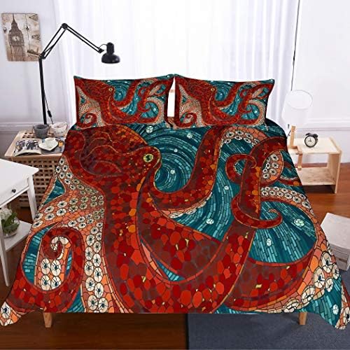APJJQ 3D Print Octopus Bedding Set Queen Red Octopus Tentacles Background Blue Duvet Cover Set for Kids Teens Boys Girls Adults 3PC with 1 Duvet Cover 2 Pillow Shams