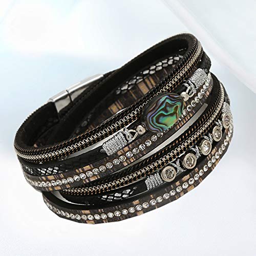 Abalone Leather Boho Wrap Stacking Bracelets,Cuff Bohemian Wrap Multilayer Wide Crystal Metal Around Gold Wrist Magnetic Clasp Buckle Casual Bangle Bracelets for Teen Girls Women Boy Gift(C-Abalon)